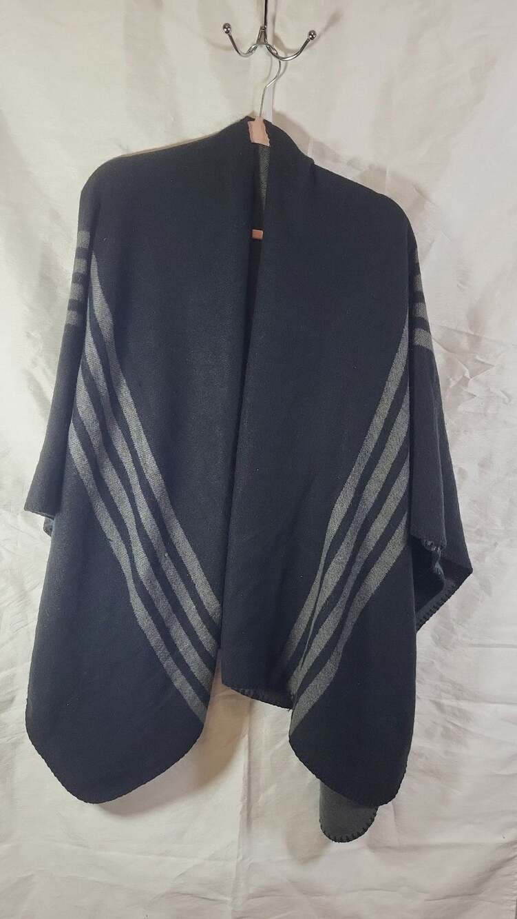 Minimalist BB Dakota Reversible Striped Blanket Poncho Cape Shawl Black & Gray